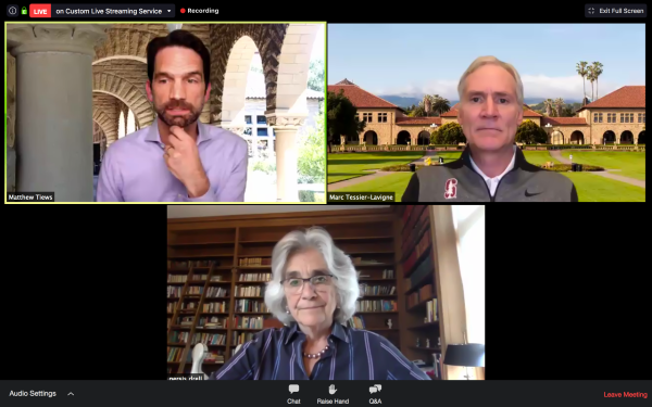 Associate Vice President for Campus Engagement Matthew Tiews moderates a Zoom Q&A session between President Marc Tessier-Lavigne, Provost Persis Drell and the greater Stanford community regarding the University's continued response to the coronavirus pandemic.