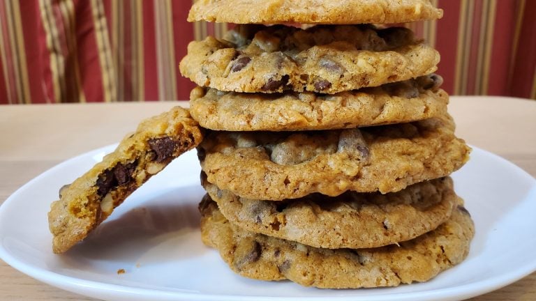 A stack of chocolate chip cookies.