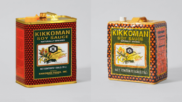 A 1-gallon Kikkoman Soy Sauce tin (left) next to Shih’s sculpture of the same product (right). (Photo: Amazon.com, Art: Stephanie Shih)
