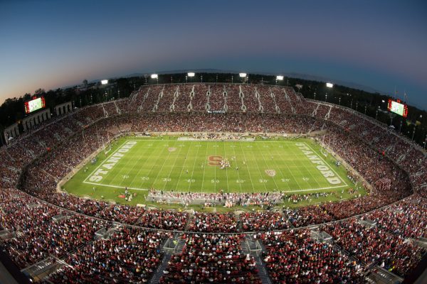 Stanford's football stadium at night..