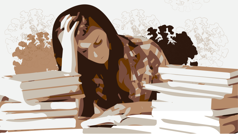 Graphic of a woman holding her head in her hand, surrounded by two piles of books.