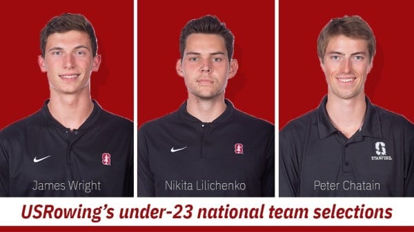 Junior Nikita Lilichenko (center) and sophomores Peter Chatain (right) and James Wright (left) all have experience competing at the national championship level. (Photo: CASEY VALENTINE/isiphotos.com, Graphic: AMY LO/The Stanford Daily)