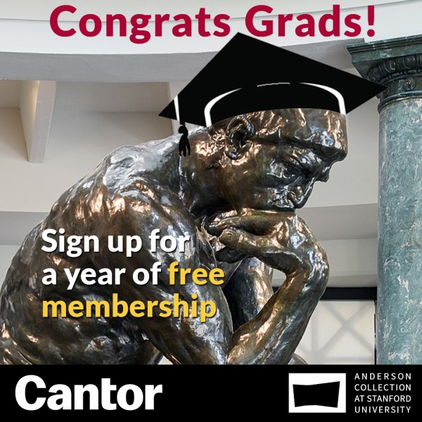 Auguste Rodin’s ‘The Thinker’ sporting a graduation cap. (Graphic: The Cantor Arts Center)