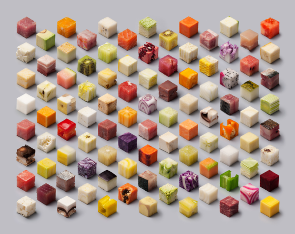 98 different foods cut into identical cubes and arranged in perfect rows