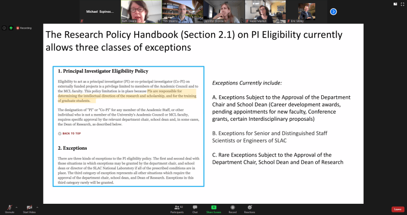 A screenshot from the June 11 Faculty Senate Meeting. On the screen is a screen-shared power-point presentation which details the current exemptions to PI-eligibility restrictions at Stanford.
