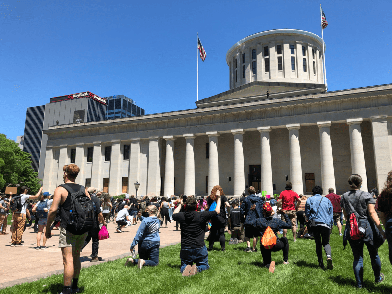 Protesters outside the Ohio Statehouse during Sunday afternoon’s demonstration in Columbus, Ohio. (Photo: LANA TLEIMAT/The Stanford Daily)