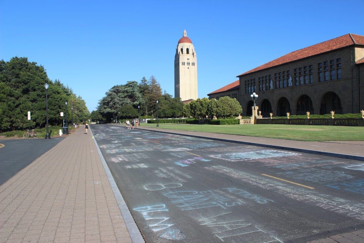Stanford says it will take 80 hours of labor to clean up student chalk on Main Quad