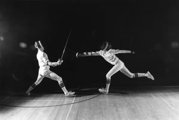 Fencers Mike Cramer (above, left) and Steve Levitan (above, right) in 1986. Fencing has been a part of Stanford since the inception of the university itself. (Photo: TIM DAVIS/isiphotos.com)