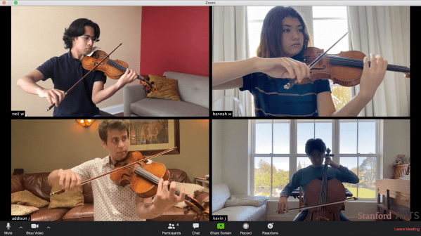 The StringTime quartet, a recipient of Stanford Arts’ COVID-19 Creative Community Response Grant, performs Beethoven’s “Cavatina” digitally on the group’s YouTube channel. (Photo courtesy of StringTime)