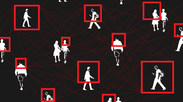 Graphic depicting several people walking separately, encircled by red squares.
