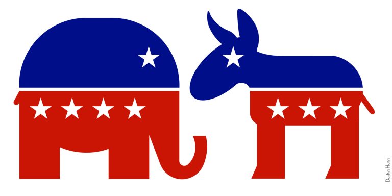 Republican Party and Democratic Party logos besides one another