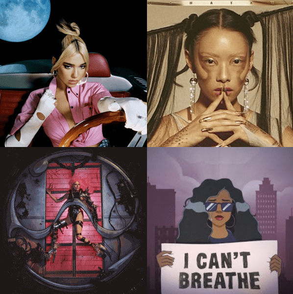 Clockwise from top-left: the album covers of Dua Lipa's "Future Nostalgia," Rina Sawayama's “Sawayama,”  Lady Gaga's “Chromatica” and H.E.R.'s “I Can’t Breathe.” (Graphic: MICHAEL ESPINOSA/The Stanford Daily)