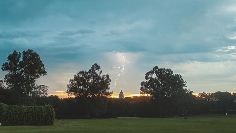 Lightning strikes Hoover Tower (Photo courtesy of Mikey Fischer)