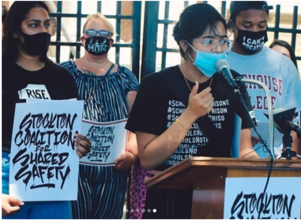 Princess Vongchanh '23 speaks at a Defund Stockton Police Press Conference at the Stockton Unified School District Police Department Office (photo courtesy of @209sharedsafety on Instagram).