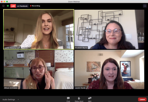 Lauren Clark '20, BAH American Studies (top left) moderates a dynamic Zoom webinar discussion between Stanford alumnae and Hollywood screenwriters Allison Schroeder '01 (bottom left), Elizabeth Martin '00 (top right) and Lauren Hynek (bottom right). (Image source: Stanford Arts)