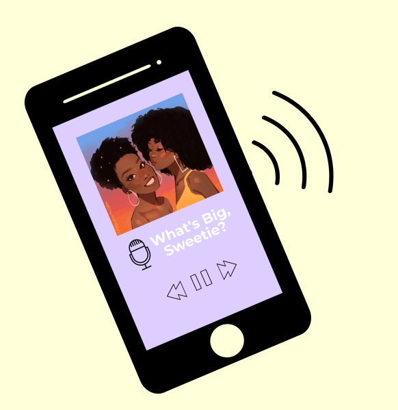 The "What's Big, Sweetie?" (2020) podcast series showcases the Black FLI experiences of Tyah Amoy-Roberts '23 and Linda Denson '23 at Stanford and at large in the world. (Graphic: Sreya Halder '23 and Nicole Johnson)