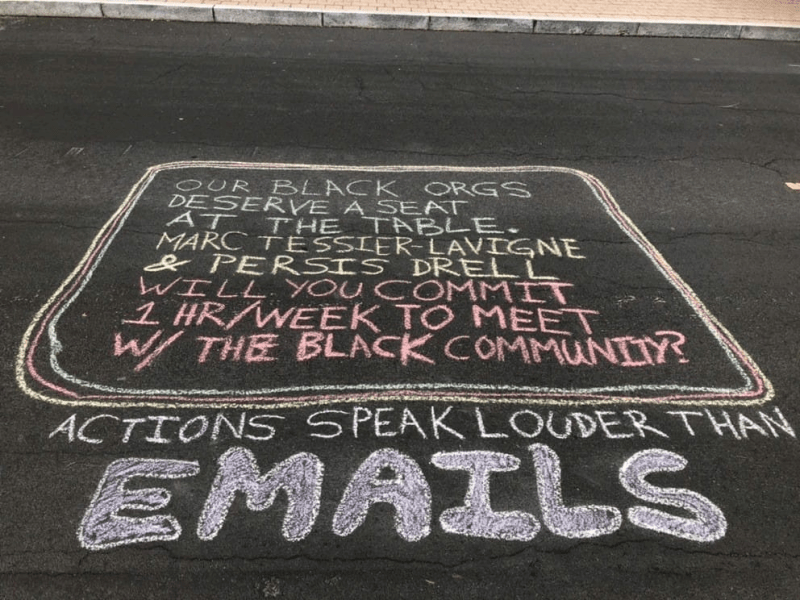 Students gathered in early June to cover Jane Stanford Way in chalk messages of protest and solidarity, joining nationwide demonstrations against police brutality and anti-Black racism highlighted by the recent deaths of George Floyd and others. (Photo courtesy of Carin Ragland)