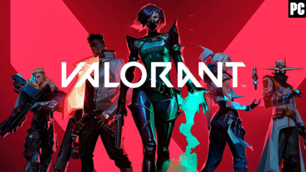 Five agents stand against a vivid red background. The word "Valorant" is plastered across them.