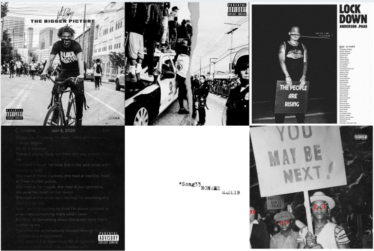 Clockwise from top left: "The Bigger Picture" by Lil Baby, "Pig Feet" by Terrace Martin & Denzel Curry ft. Kamasi Washington, G Perico & Daylyt, "Lockdown" by Anderson .Paak, "Snow on tha Buff" by J. Cole, "Song 33" by Noname and "Front Lines" by Conway the Machine. (Graphic: CAROLINE KIM/The Stanford Daily)