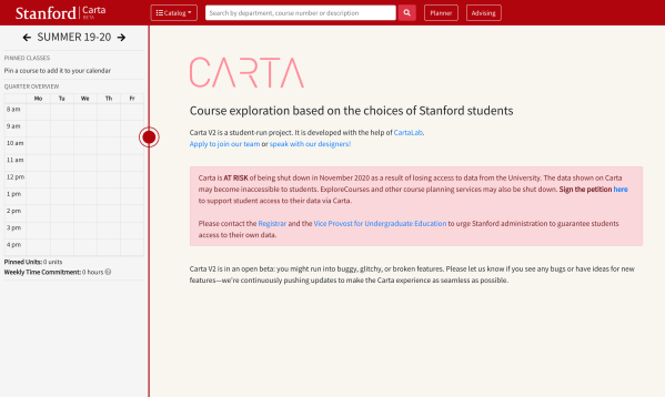 The CARTA v2 homepage, which displayed a message to users saying the service was at risk of being shut down. (Screenshot: SAM CATANIA/The Stanford Daily)