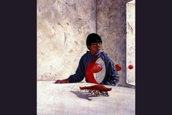 Depiction of Octavia Butler's story 'Bloodchild' showing an unidentifiable insect with many legs emerging from a boy with a large whole through his chest
