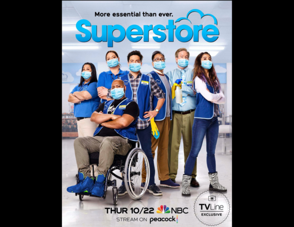 cast of "superstore" standing in a line wearing masks