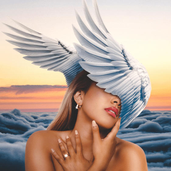 Album cover of a woman with wings covering her eyes; sky and clouds in the background