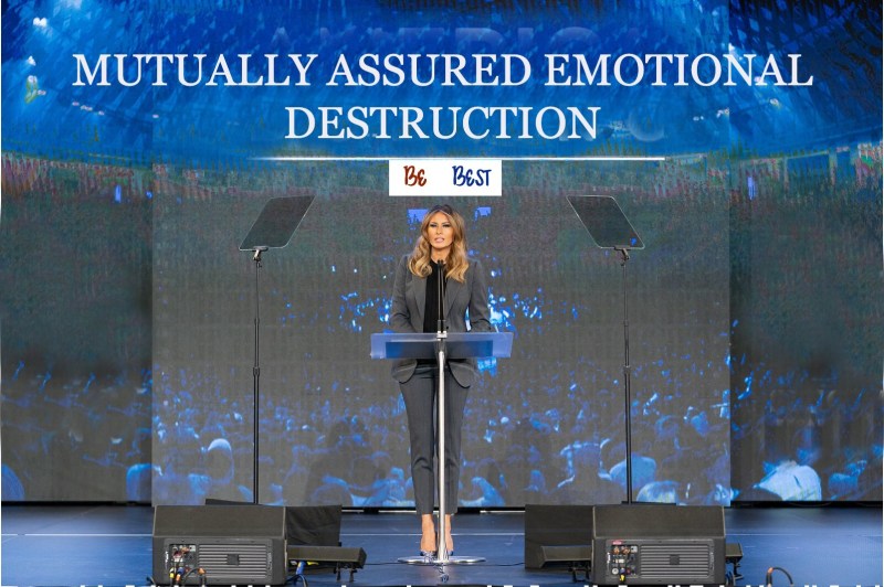 In a final, desperate attempt to make her ongoing anti-bullying campaign, Be Best, accomplish something, Melania Trump introduces the new “Mutually Assured Emotional Destruction” (MAED) Initiative. (Official White House Photo: ANDREA HANKS, Photo Edit: SARAH LEWIS/The Stanford Daily)