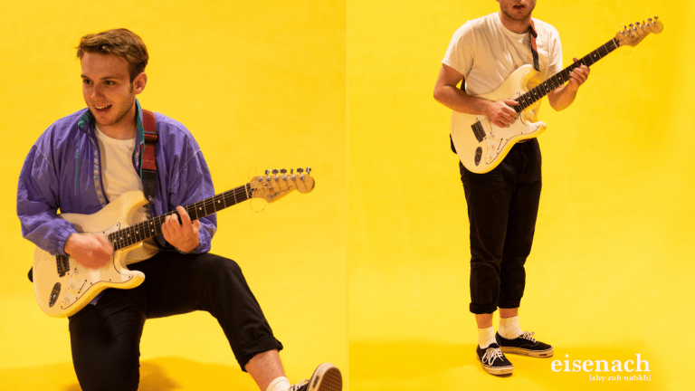 two-panel shots of eisenach with a guitar