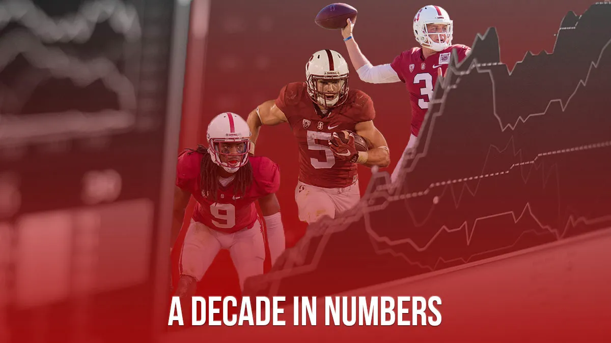 Graphic of three Stanford football player action shots cut out from games and placed amid some charts