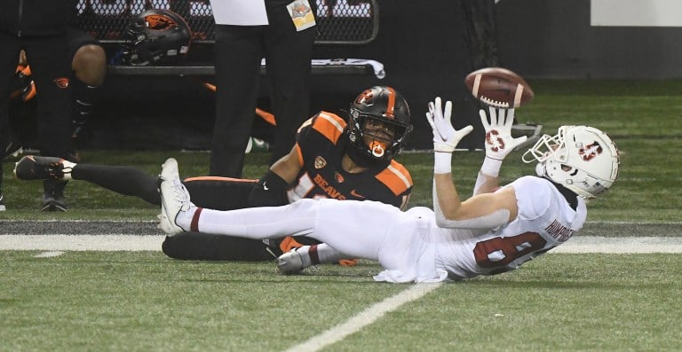 Freshman wide receiver John Humphreys made a circus catch to set up a Stanford score on Saturday. After multiple injuries to starters, he and others on the offensive depth chart stepped up in the win against Oregon State. (Photo: Mark Ylen)