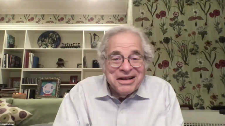 Photo of Itzhak Perlman talking on Zoom