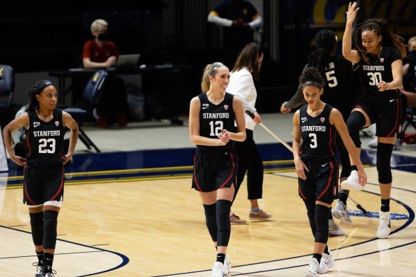 The starting five for Stanford — fifth year guard Anna Wilson (No. 3), senior guard Kiana Williams (No. 23), junior guard Lexie Hull (No. 12), sophomore forward Fran Belibi (No. 5) and sophomore guard Haley Jones (No. 30) — all finished in double figures against Pacific in 104-61 Cardinal win. (Photo: BOB DREBIN/isiphotos.com)