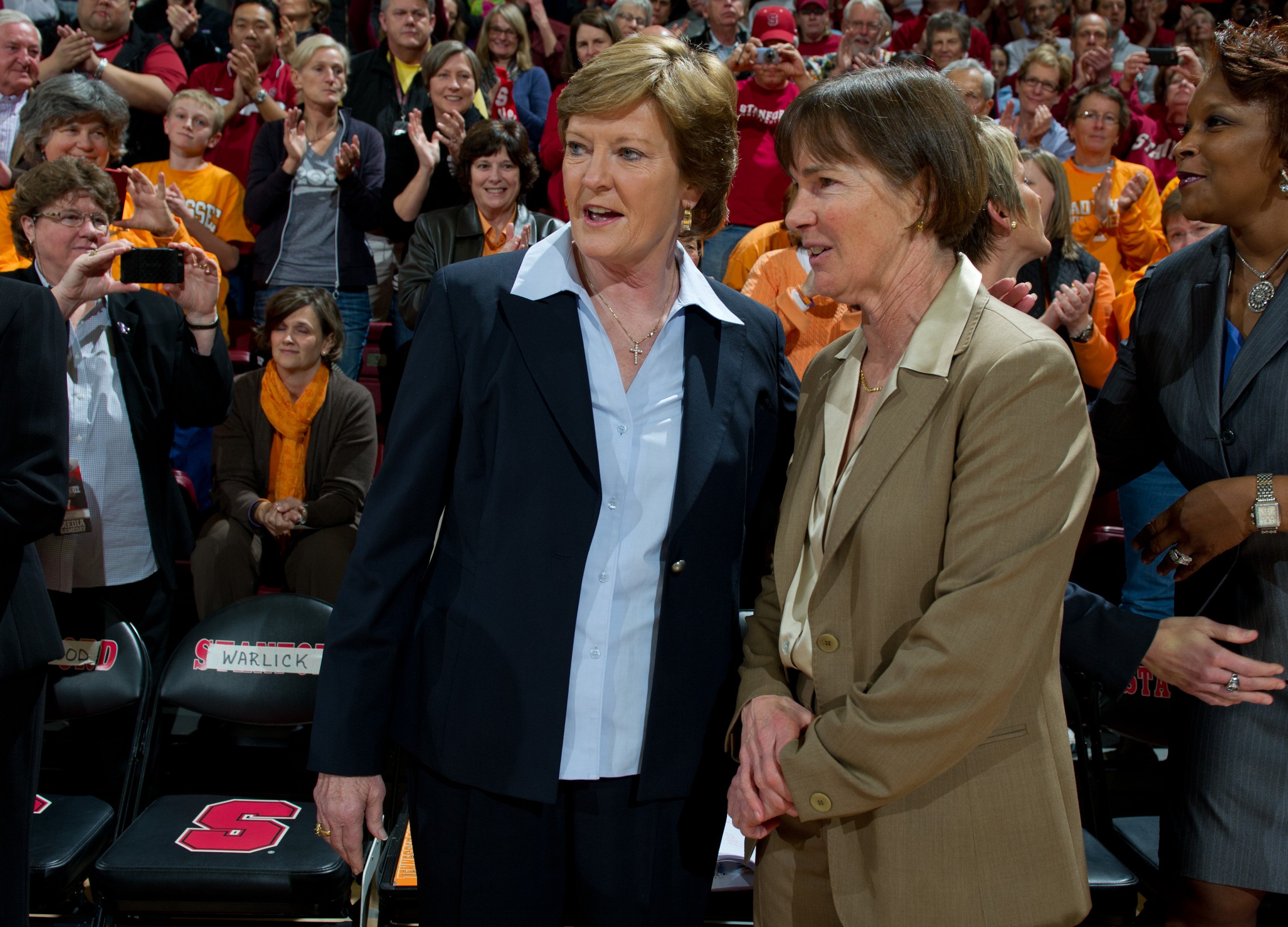 Tara VanDerveer greets Pat Summit before the Stanford women's basketball team's 97-80 win over Tennessee at Maples Pavilion on December 20, 2011.