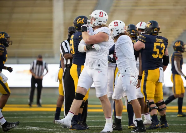 Fifth year defensive end Thomas Schaffer was a bright spot on defense for the Cardinal versus Berkeley on Friday. The Vienna-native had a season high two sacks and applied pressure repeatedly to the Bears' Chase Garbers. (Photo: BOB DREBIN/isiphotos.com)