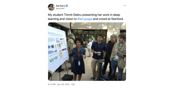 Dr. Gebru presenting her work to Google co-founder Larry Page at Stanford (Photo: Dr. Fei-Fei Li)