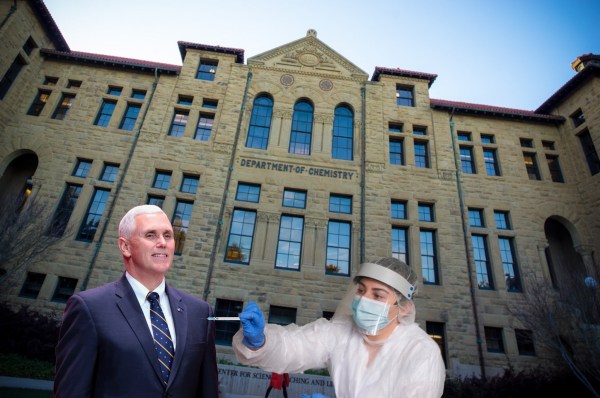 The first CHEM 33 student — who only looks like and is not actually Mike Pence — receives his COVID-19 vaccine. (Edit: Patrick Monreal/THE STANFORD DAILY)
