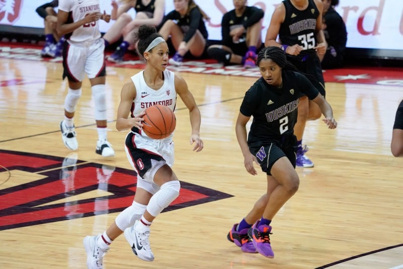 Fifth-year guard Anna Wilson set the tone defensively for the Cardinal on Friday. Her dominant performance helped lead Stanford to a 77-49 victory. (Photo: LUCAS PELTIER/isiphotos.com)