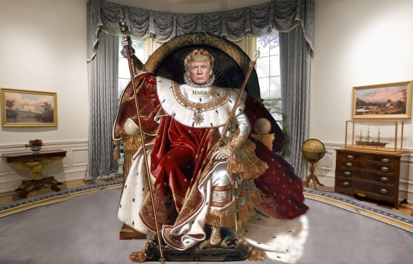 His Imperial Trumpian Highness on his shiny, shiny throne. (Photo: GAGE SKIDMORE/Wikimedia Commons, GEORGE BUSH PRESIDENTIAL LIBRARY AND MUSEUM/Wikimedia Commons, SOERFM/Wikimedia Commons, Edit: SARAH LEWIS/The Stanford Daily)
