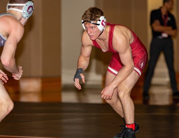 Redshirt senior Requir van der Merwe started off the dual with a 13-5 major decision in favor of the Cardinal. On the day, Stanford handed CSU Bakersfield, winning 29-13 overall. (Photo: JOHN P. LOZANO/isiphotos.com)