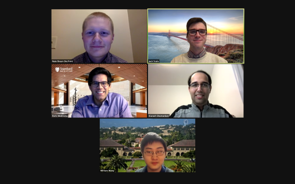 Screenshot of teaching team with Nate Braun, Jack Scala, Rishi Mediratta, Kiarash Shamardani and William Wang. (Photo courtesy of JACK SCALA)