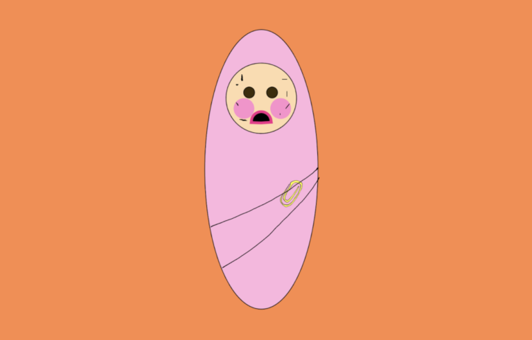 cartoon of baby with scratches on its face and rosy cheeks swaddled tightly in a pink blanket, on an orange background