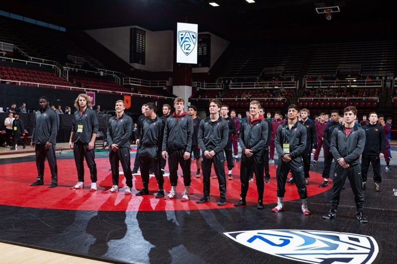 Redshirt freshman Jaden Abas claimed the 149-pound Pac-12 title as five Stanford wrestlers qualified for the NCAA Tournament on Sunday in Corvallis. (Photo: JOHN P. LOZANO/isiphotos.com)