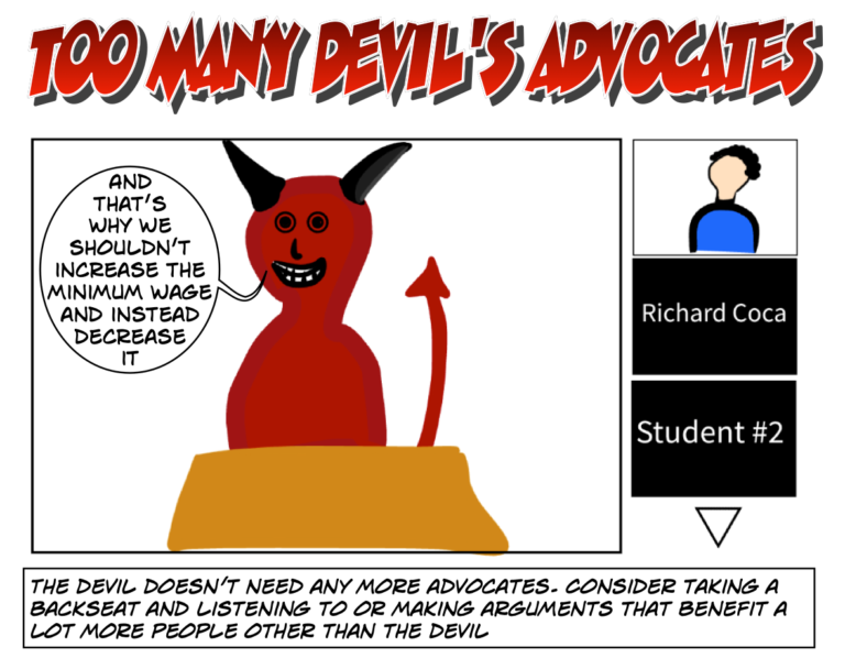Cartoon shows the devil advocating on zoom the frustration of everyone on the call.