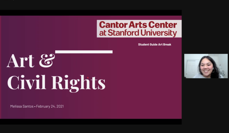 Melissa Santos '21 delivers her "Art & Civil Rights" presentation as part of the Cantor Arts Center's Art Breaks event series