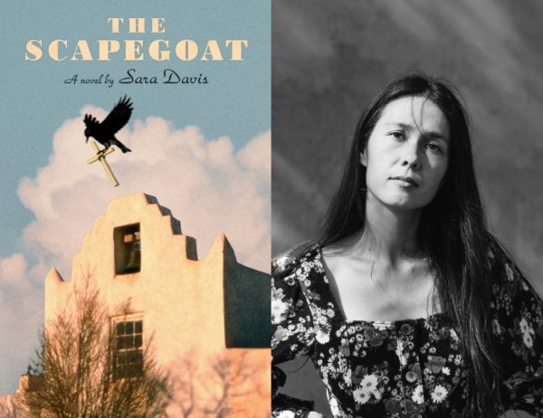 right: cover of "The Scapegoat," with a crow carrying a cross flying above a church; left: headshot of author Sarah Davis