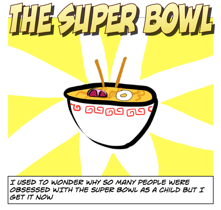Image shows a bowl of ramen in its glory and text reads i get why people are obsessed with the superbowl now.