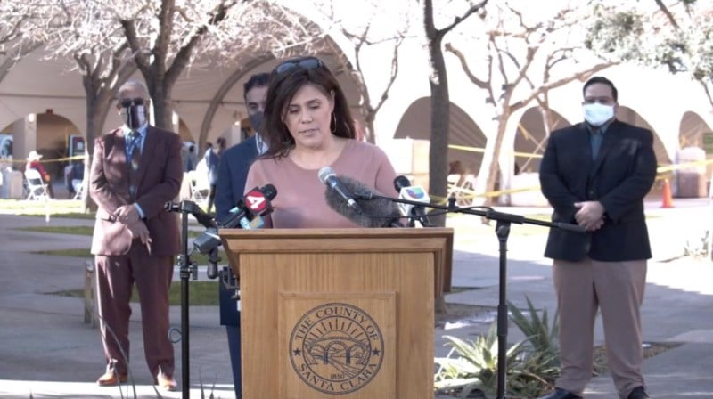 San Jose City Councilmember Magdalena Carrasco speaks at a press conference on COVID vaccine distribution. (Screenshot: KATIE REVENO/The Stanford Daily)