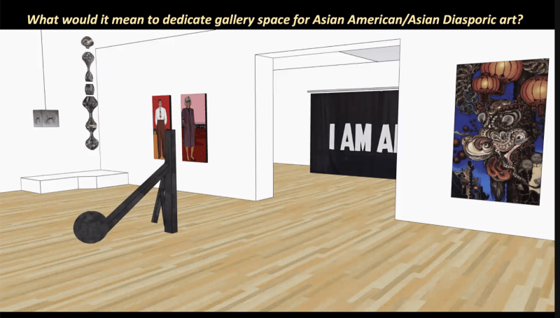 Presentation slide showing sketch of art gallery with text "What would it mean to dedicate gallery space for Asian American/Asian Diasporic art?"