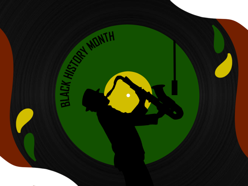 A man plays saxophone in front of a vinyl record.